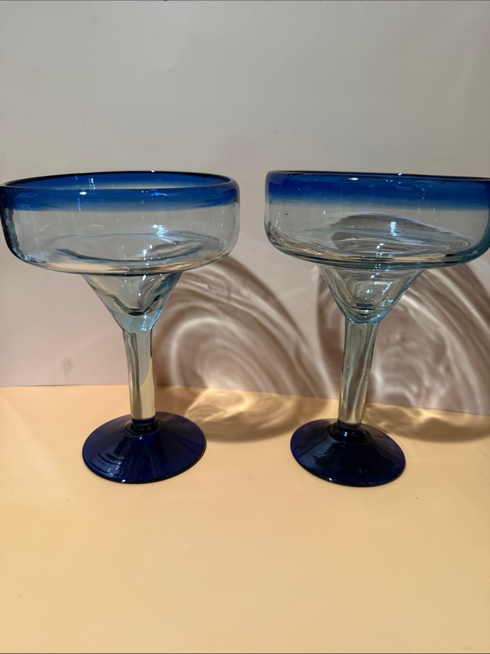 Blue Rim Handblown Glass Margarita Glasses - Set of 2